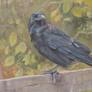Oil painting of a crow perched on a wooden fence